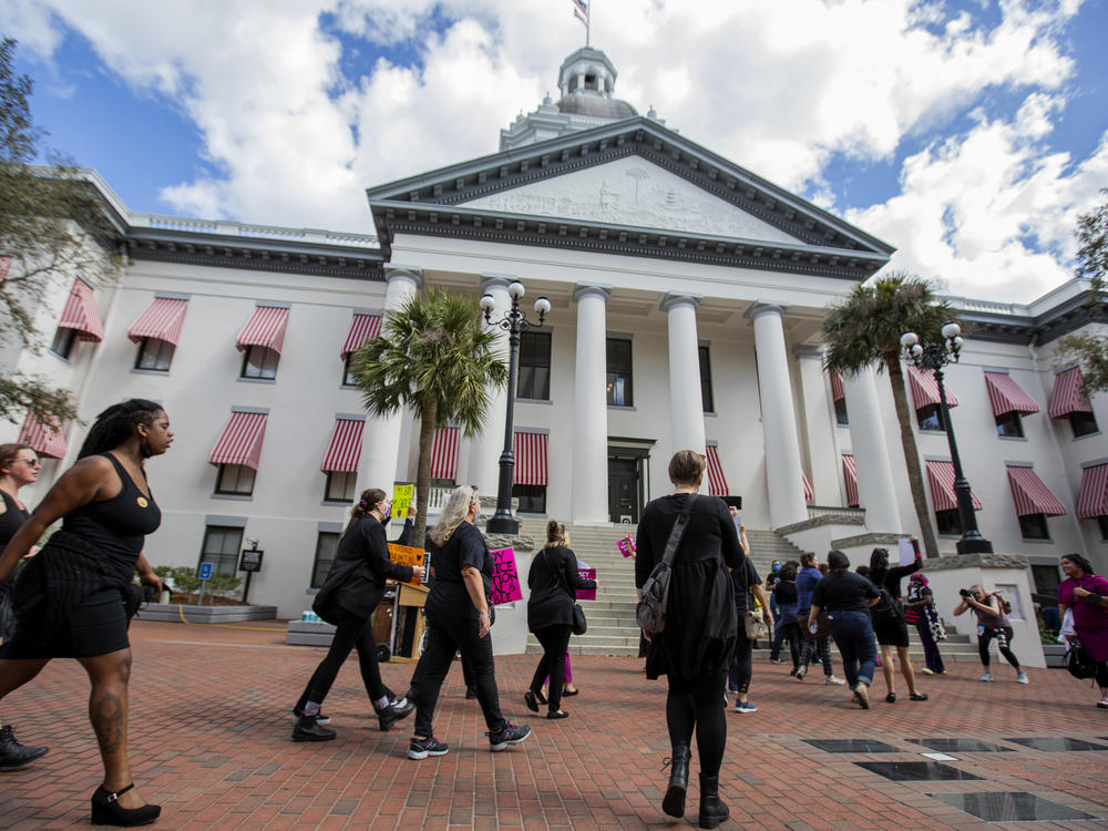 Supporters of abortion access march in front of the Florida Capitol Building in February 2022.