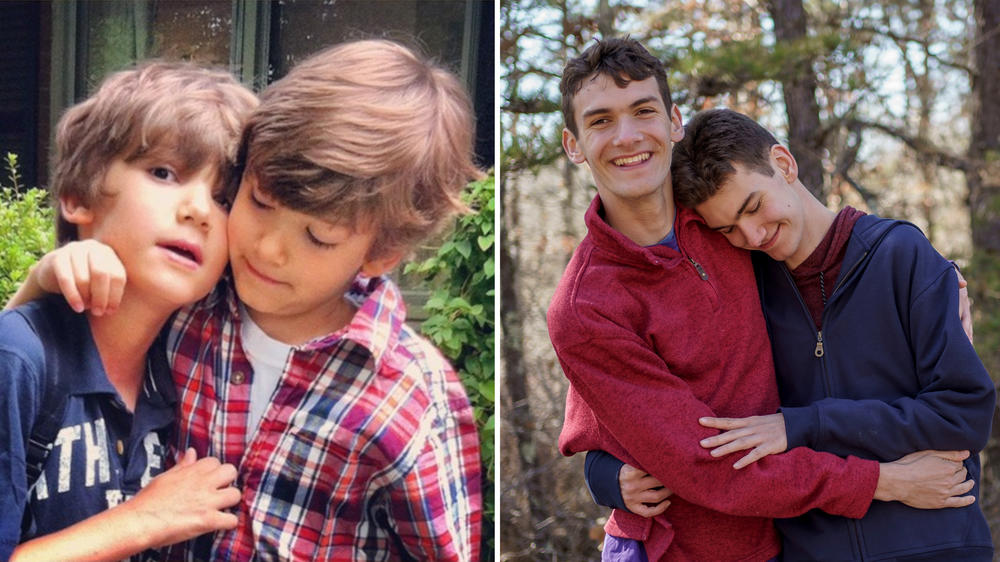 These side-by-side photos show identical twins Sam and John Fetters. On the left, the twins on their first day of third grade; on the right, the brothers at home on Martha's Vineyard in March 2024.