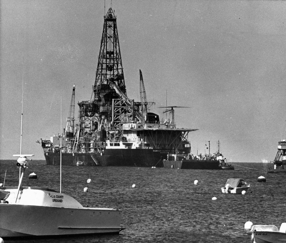 Life guards watch during the arrival of Howard Hughes' Glomar Explorer off Catalina Island, May 8, 1975.