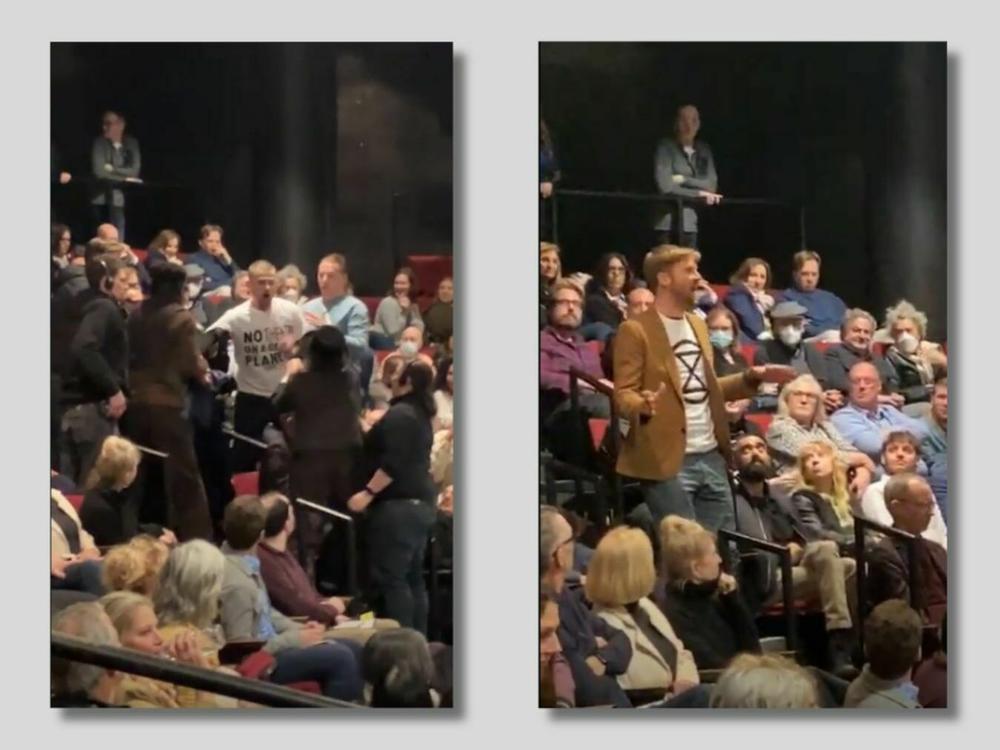 Activists from Extinction Rebellion, left and center, protest during a performance of <em>An Enemy of the People </em>on Broadway, starring Jeremy Strong, right.