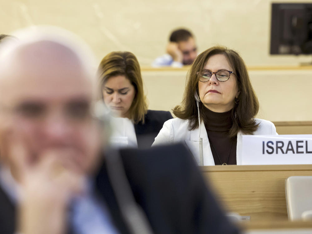 Meirav Eilon Shahr, ambassador of the Permanent Representative Mission of the Israel to the UN, observes the vote on a resolution regarding the Israeli military campaign in Gaza, during the 55th session of the Human Rights Council, at the European headquarters of the United Nations in Geneva, Switzerland on Friday.
