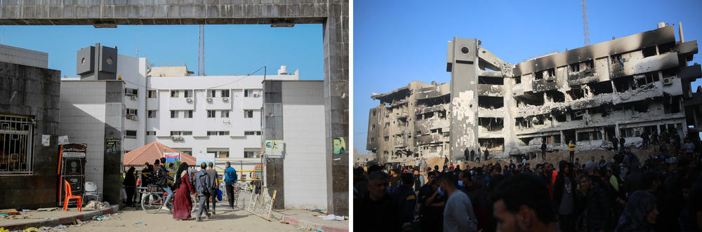 Al-Shifa Hospital in Gaza City on Nov. 26, 2023, and on Monday, April 1, 2024.