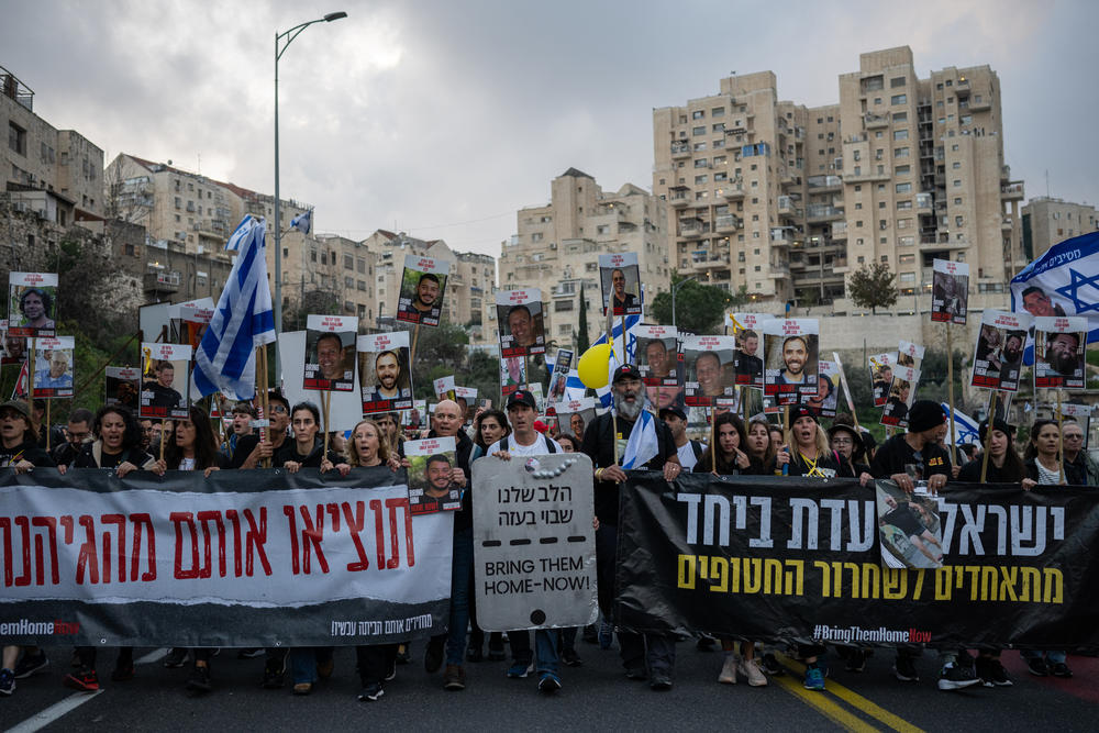Families of the Israeli hostages held in Gaza and supporters march their way through Jerusalem on March 2.