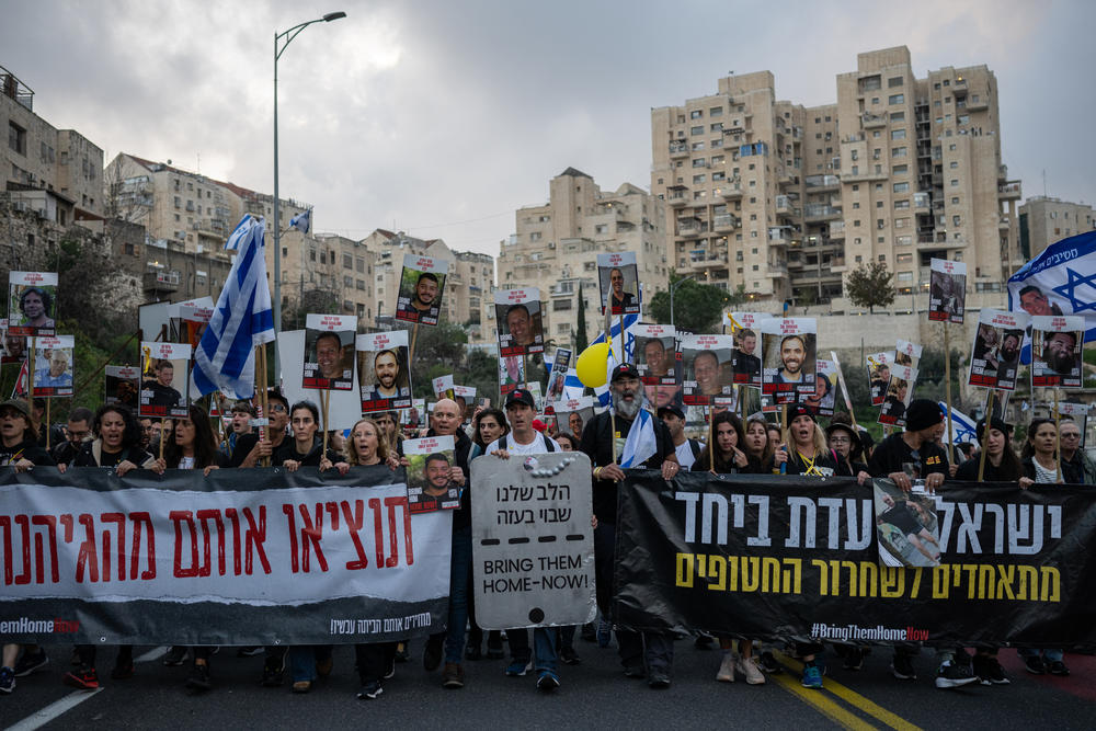 Families of the Israeli hostages held in Gaza and supporters march their way through Jerusalem on March 2.