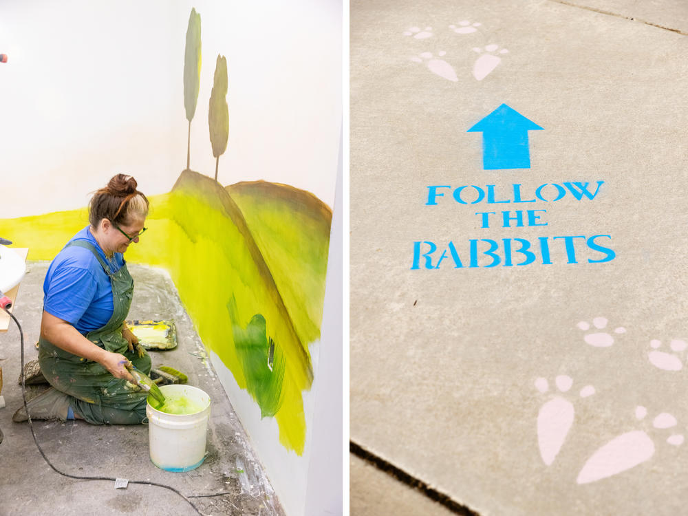 <strong>Left:</strong> Fabricator Gen Goering paints the walls of an exhibit before the museum opened to the public. <strong>Right:</strong> Rabbit feet and arrows mark the sidewalks outside of The Rabbit hOle.