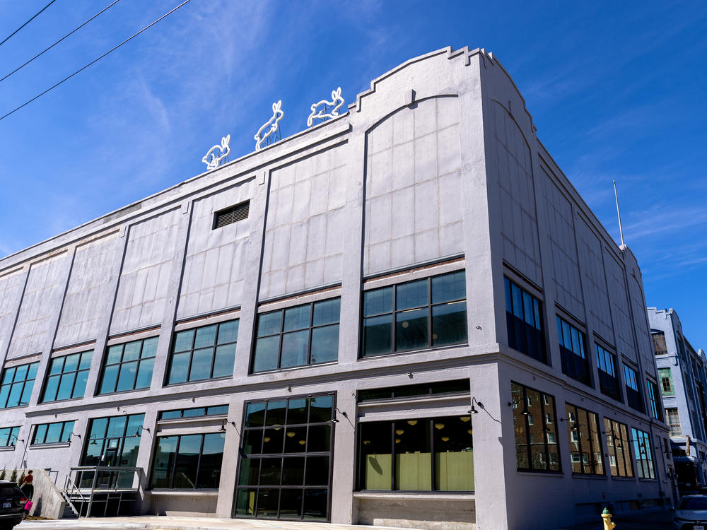 Neon rabbit signs adorn the top of the building housing The Rabbit hOle.