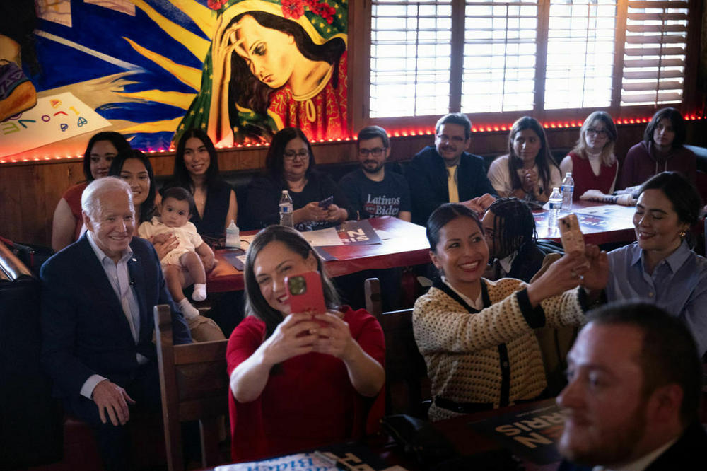 President Biden waits to speak to supporters during a campaign event at El Portal Restaurant in Phoenix on March 19.
