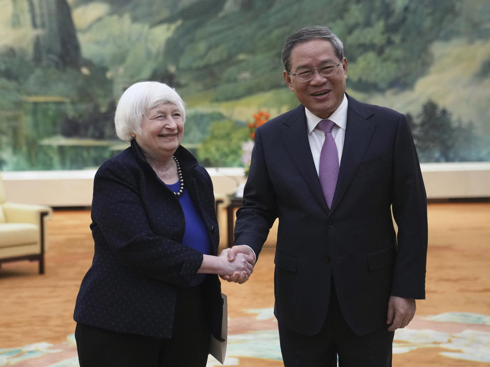 U.S. Treasury Secretary Janet Yellen, left, meets Chinese Premier Li Qiang at the Great Hall of the People in Beijing, China, Sunday, April 7, 2024. Yellen, who arrived in Beijing after starting her five-day visit in one of China's major industrial and export hubs, said the talks would create a structure to exchange views and try to address U.S. concerns about manufacturing overcapacity in China.