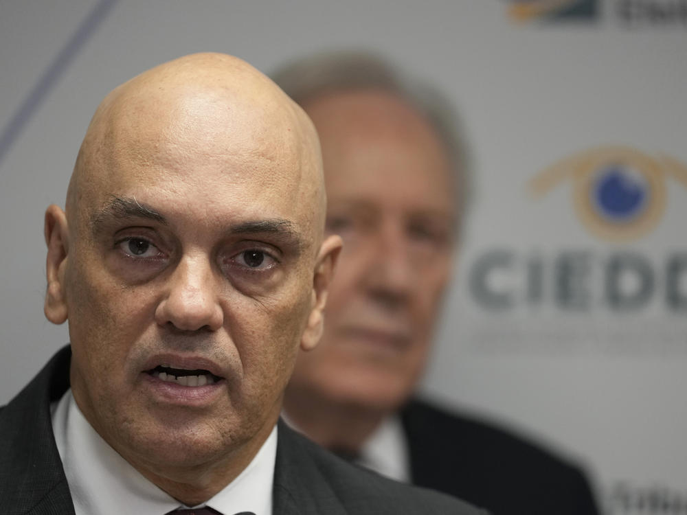 President of the Superior Electoral Court of Brazil, Judge Alexandre de Moraes, speaks during the inauguration of the Center for Combating Disinformation and Defense of Democracy in Brasilia, Brazil, March 12. The Brazilian Supreme Court justice has included Elon Musk as a target in an ongoing investigation.