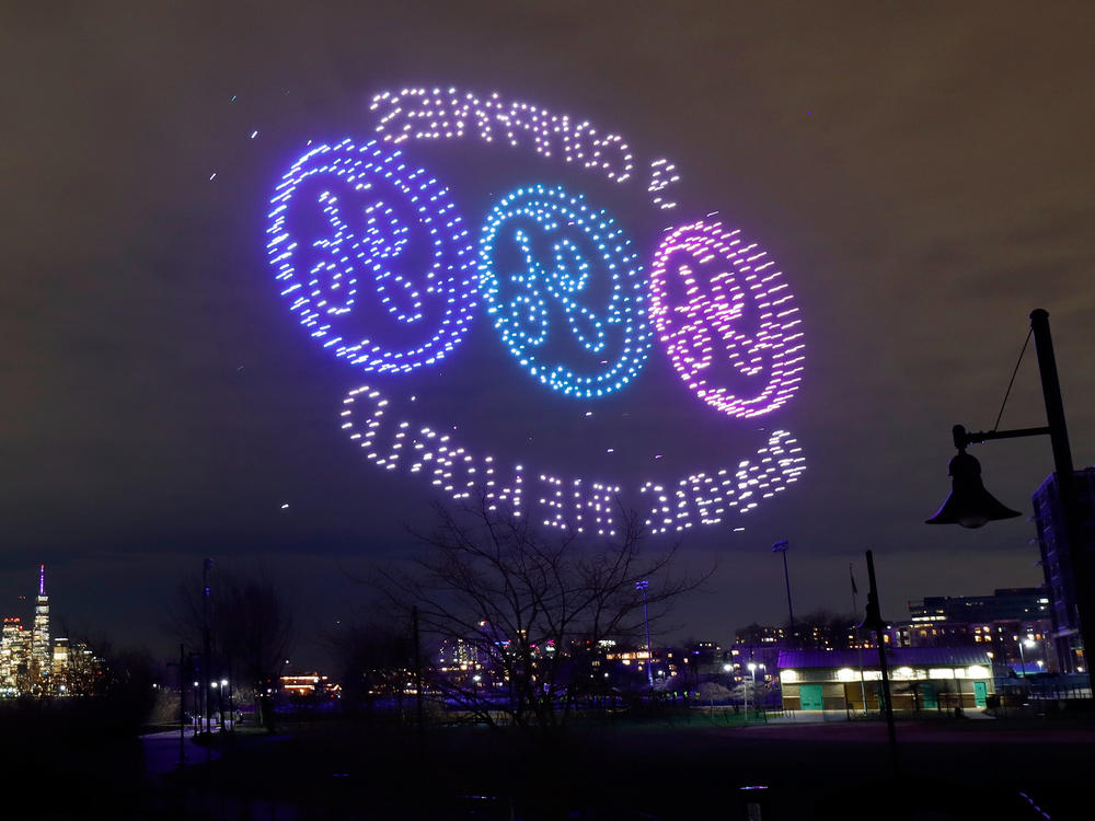 A drone show in advance of General Electric splitting into three companies: GE Aerospace, GE Vernova, and GE Healthcare
