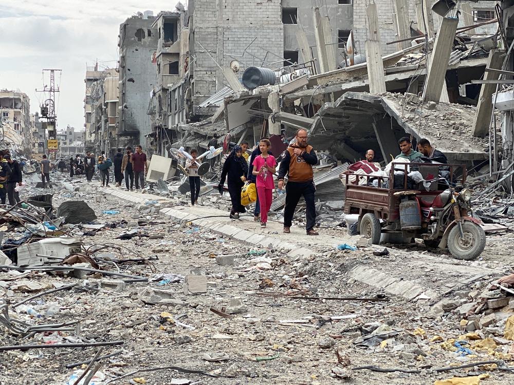 Palestinians returning to Khan Younis on April 8 found immense damage after Israeli forces withdrew from the city after a four-month battle with Hamas there. Many had to go back to tent shelters in Rafah after seeing the extent of damage to their homes.