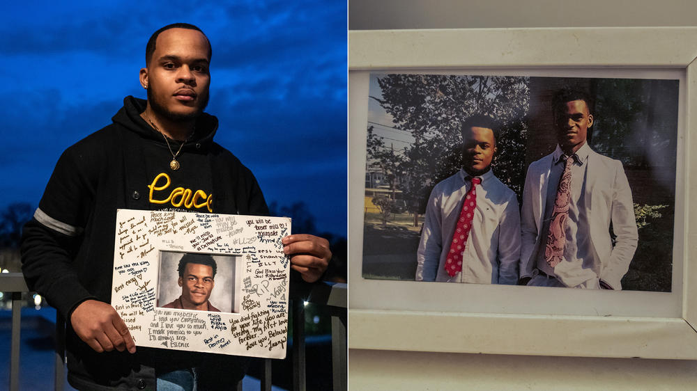 At left, Zion Kelly holds a photo of his late twin brother Zaire  Kelly. At right, Zion keeps this framed photo of he and his brother on the desk in his bedroom.