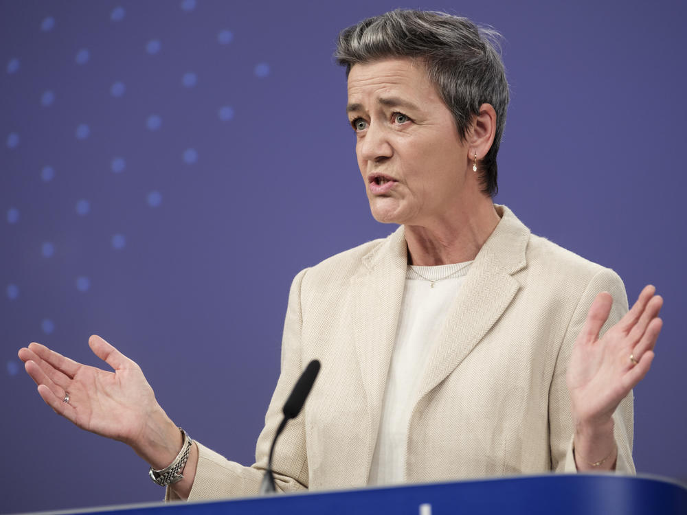 EU Commission Margrethe Vestager speaking to the media in Brussels in March 2024. On Tuesday April 9th she announced an investigation into Chinese wind turbine subsidies.