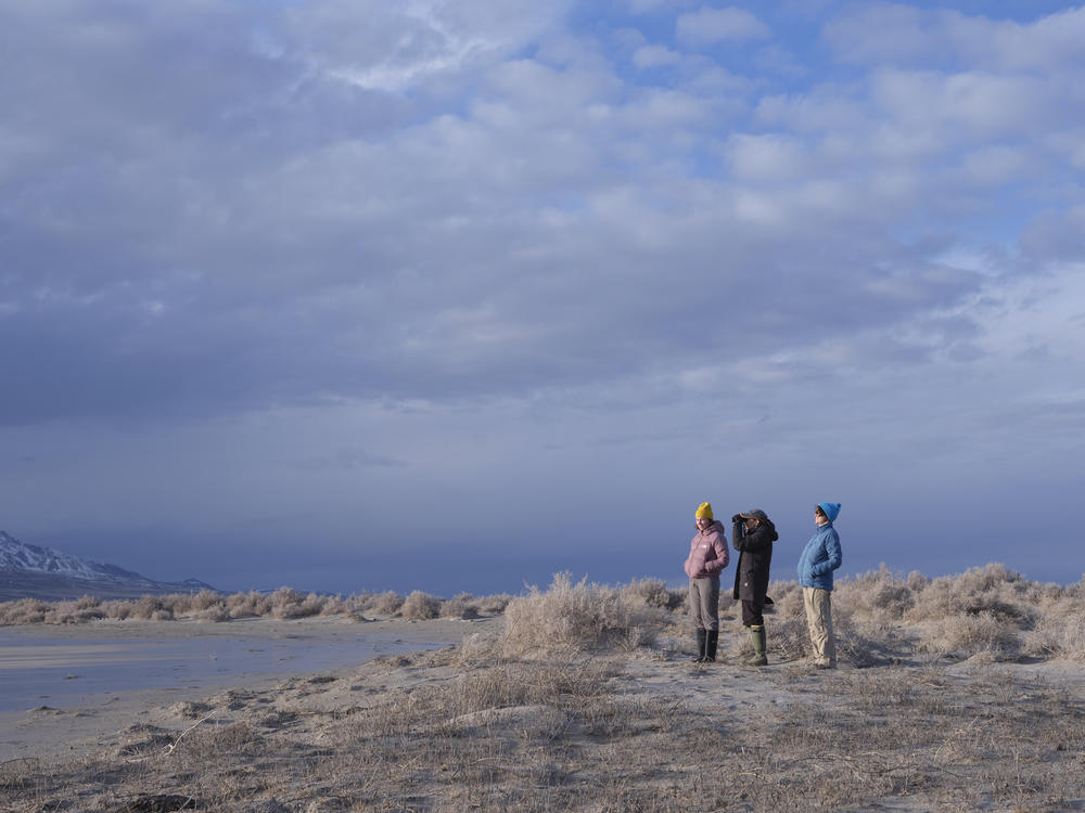 Scientists Carly Biedul, Bonnie Baxter and Heidi Hoven look for migratory birds on the eerily dry south shore of the Great Salt Lake in Utah.