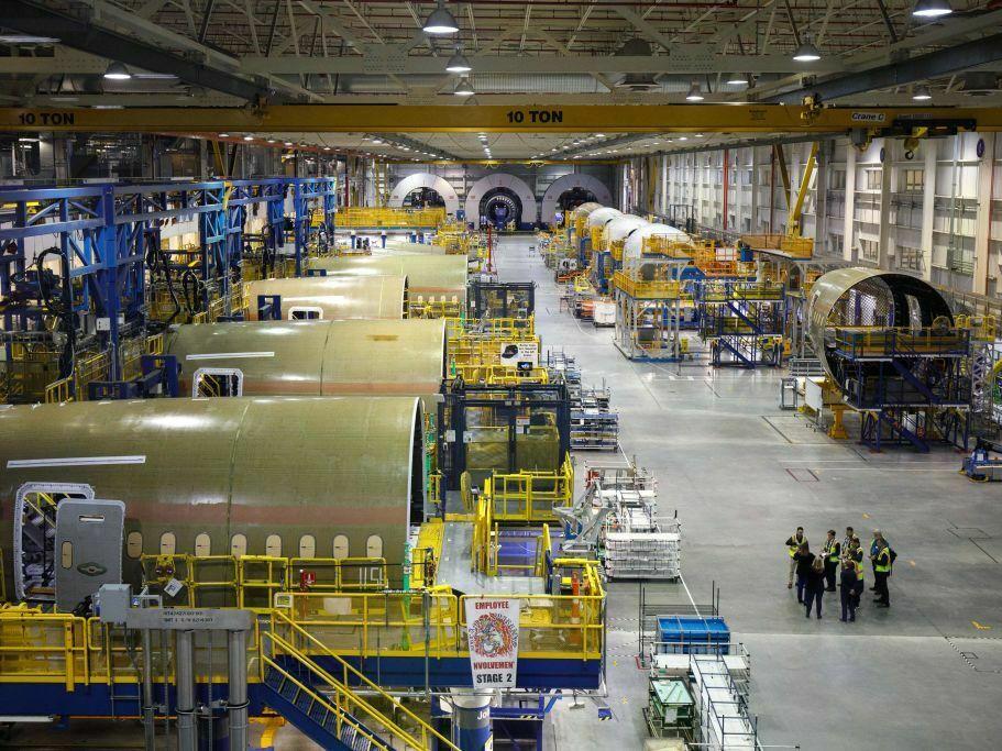 Boeing 787 Dreamliner fuselages during production at the company's manufacturing facility in North Charleston, S.C. in 2022.