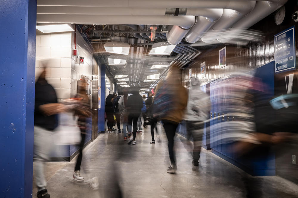 The busy halls of North Community High School in Minneapolis in between classes.