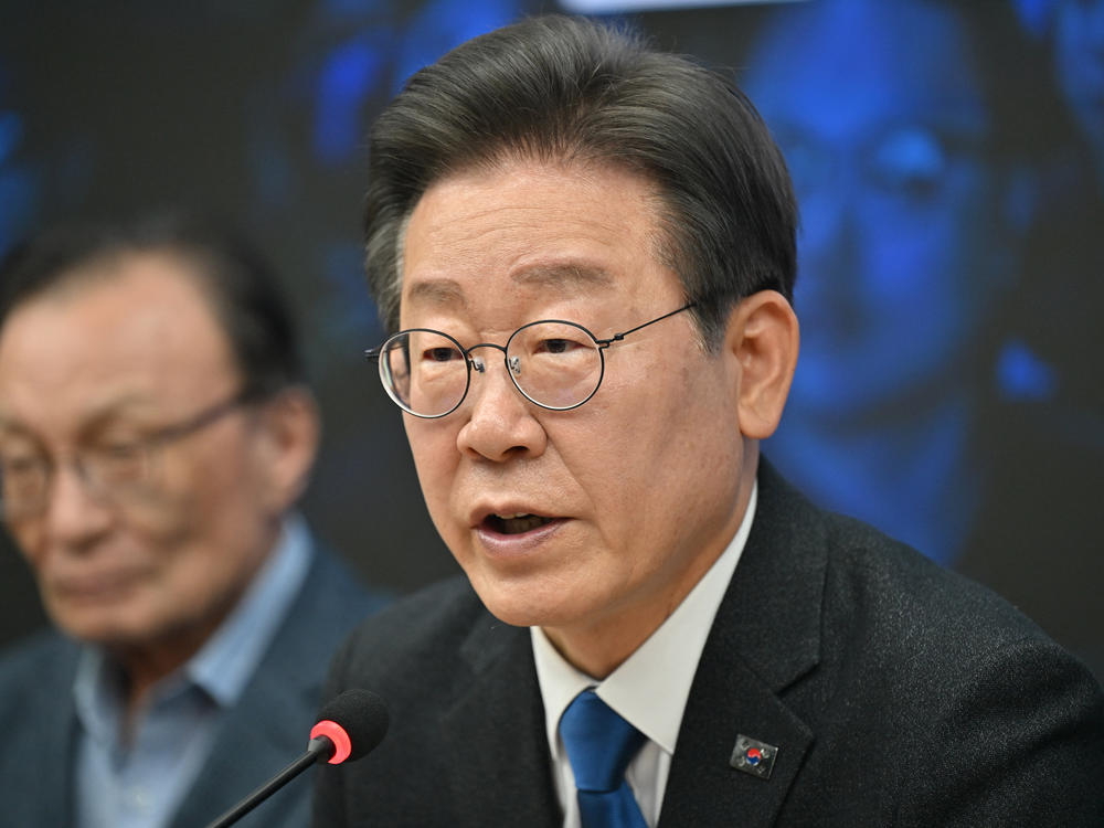 South Korea's main opposition Democratic Party leader Lee Jae-myung speaks during a ceremony to disband the election camp after the parliamentary election at the party's headquarters in Seoul on Thursday.