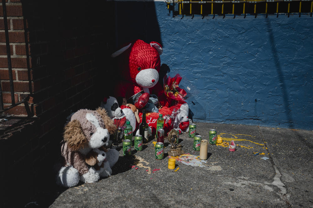 A makeshift memorial sits outside for someone who was recently shot in East Germantown in Philadelphia on Monday, March 25, 2024.