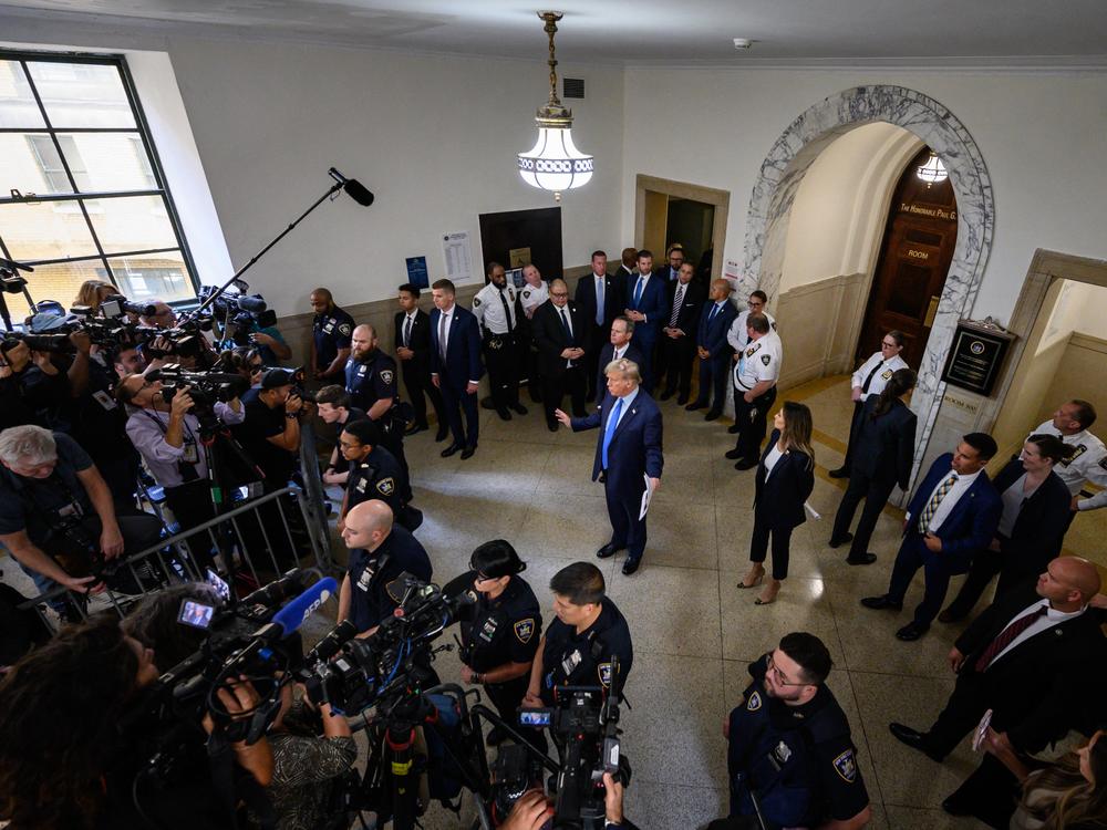 Former President Donald Trump appears in a New York court on Oct. 2, 2023, to face civil fraud charges, denouncing the case as a 