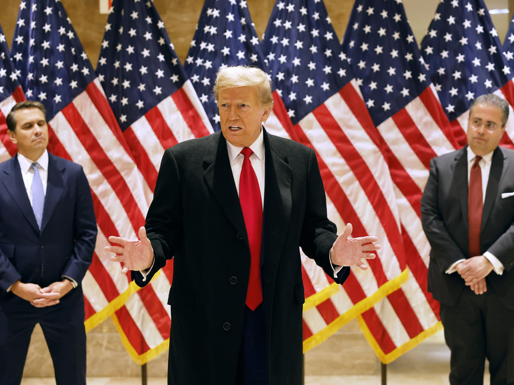 Trump speaks during a press conference at 40 Wall Street after a pretrial hearing on March 25 in New York City.
