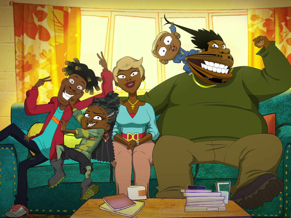 The Evans family in Netflix's <em>Good Times:</em> Jay Pharoah as Junior, Marsai Martin as Grey, Yvette Nicole Brown as Beverly, Gerald Anthony 