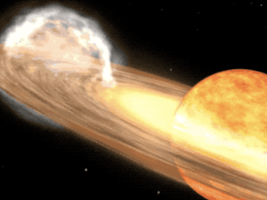 An artist's rendering shows the T Coronae Borealis star system, which contains a white dwarf and a red giant.