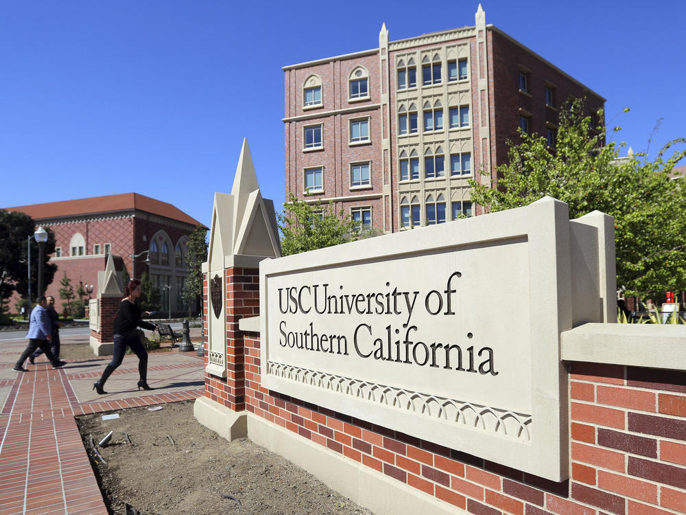 This March 12, 2019, file photo shows the University Village area of the University of Southern California in Los Angeles.