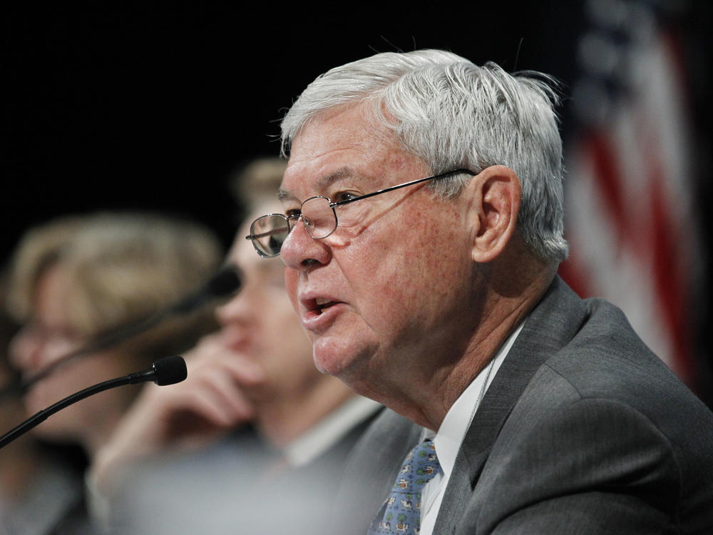 Former Sen. Bob Graham, right, speaks during the National Commission on the BP Deepwater Horizon Spill and Offshore Drilling meeting on Sept. 27, 2010, in Washington.