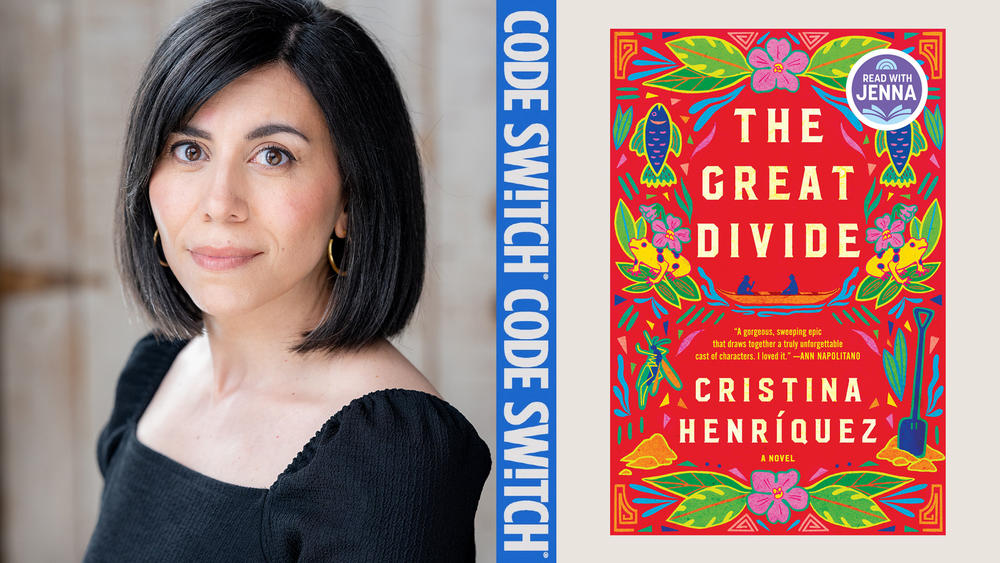 Author Cristina Henriquez next to the cover of her new novel, <em>The Great Divide.</em>