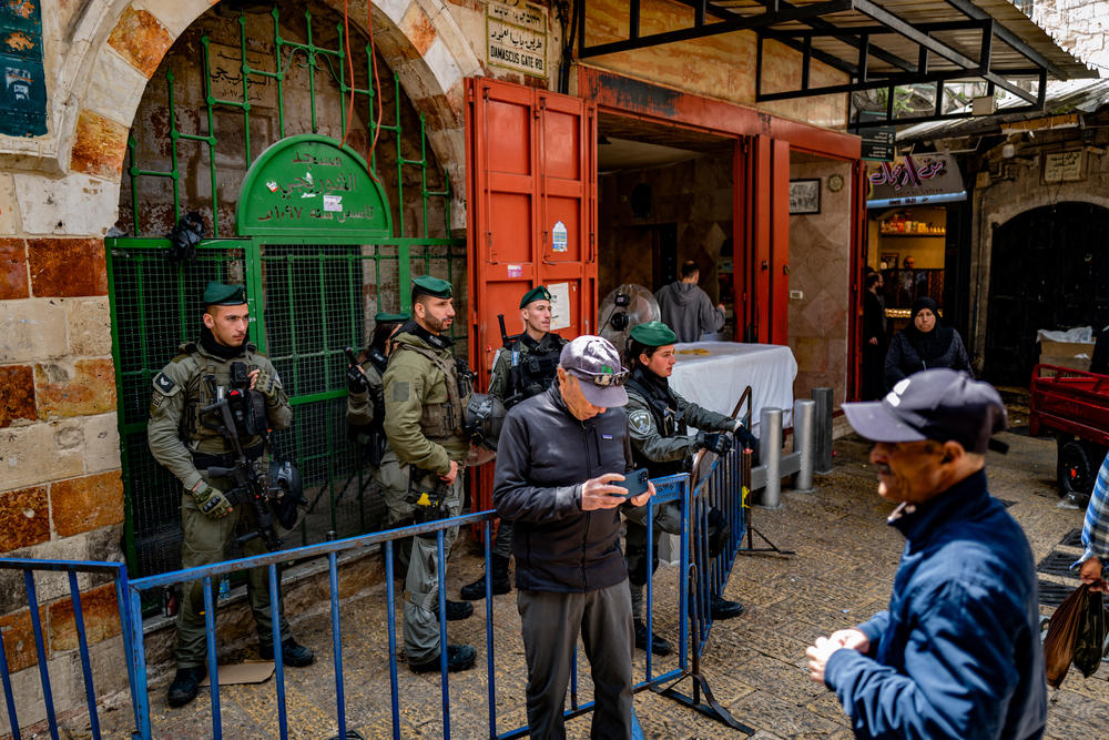 Israeli security forces in the Old City of Jerusalem before Friday prayers during Ramadan, March 22. Israel has long ensured Al-Aqsa Mosque remains a Muslim place of worship, with Jews allowed to pray at the Western Wall. But Israel's far-right national security minister urged religious Jews to enter the Al-Aqsa compound in the last 10 days of Ramadan, which many feared would lead to violence.