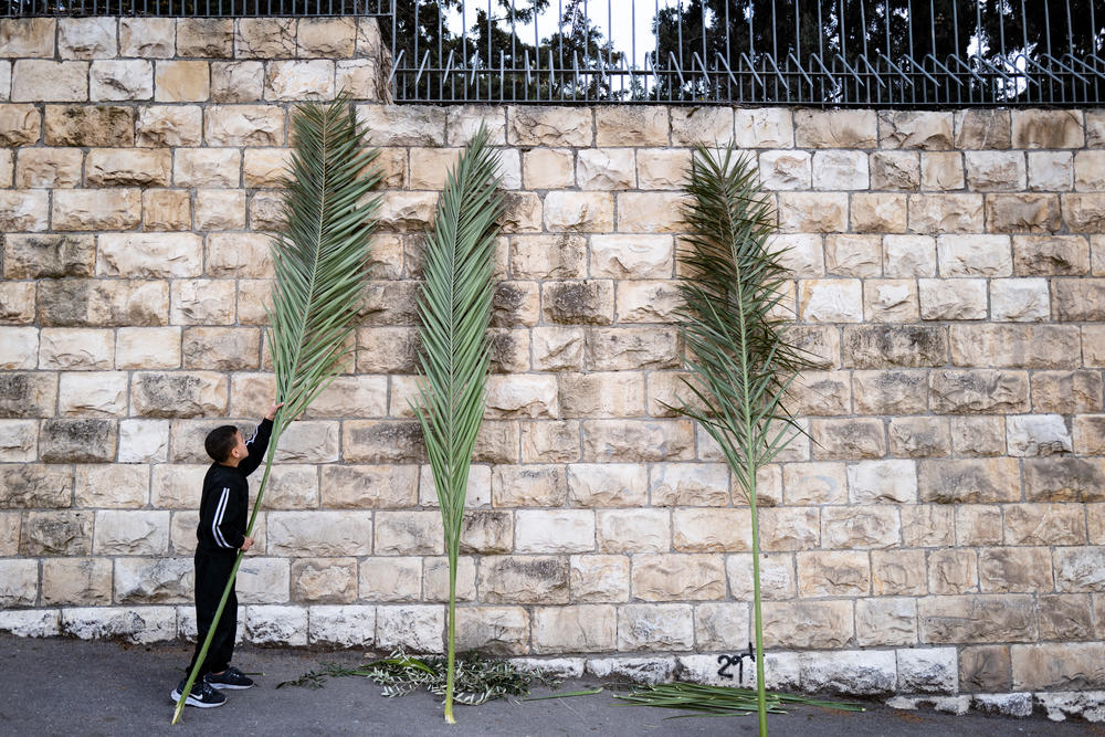 A boy prepares palms while Christians hold a procession on the Mount of Olives outside Jerusalem on Palm Sunday.