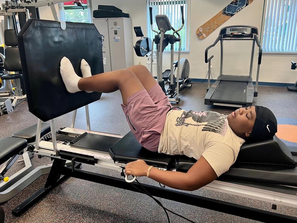 At physical therapy, Aaron Hunter focused on muscle strength, coordination and balance, especially on the left side of his body, which is controlled by the right side of the brain, where the bullet penetrated. He was shot in the head on June 22, 2023.