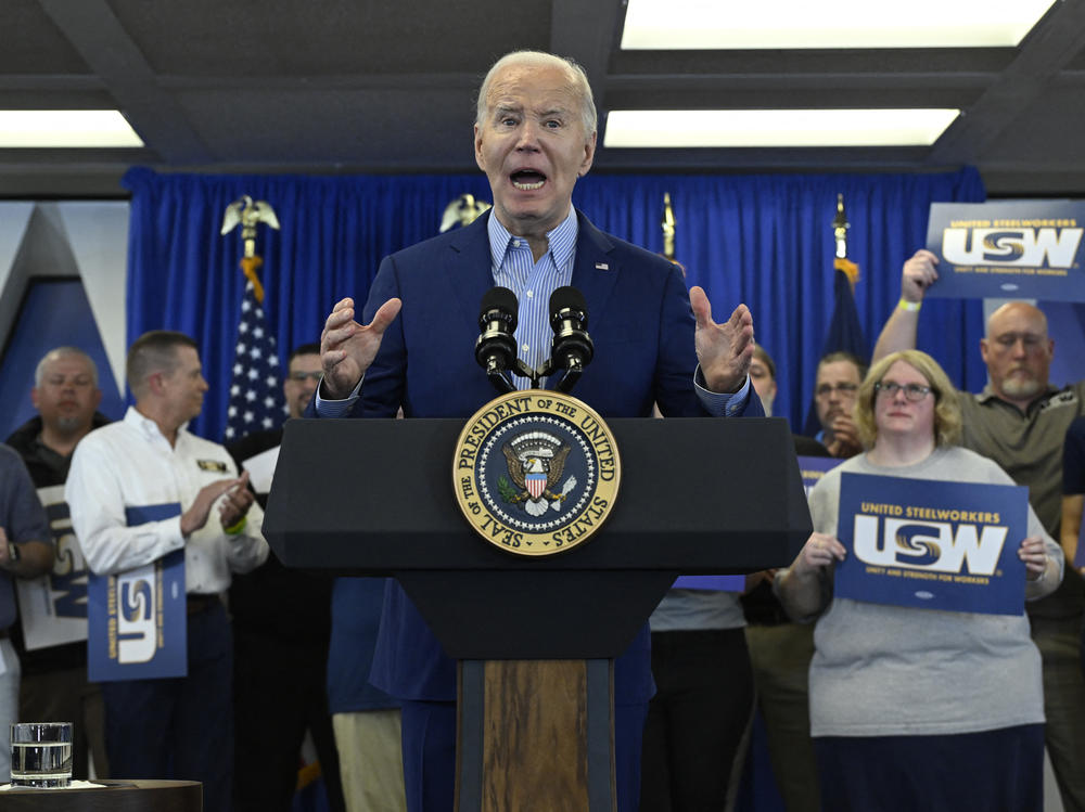 President Biden speaks at the United Steelworkers headquarters in Pittsburgh on April 17.