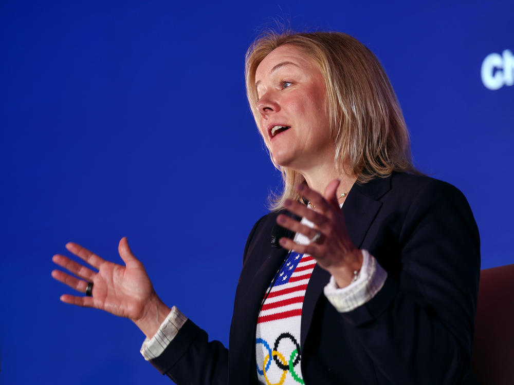 Sarah Hirshland, CEO of United States Olympic & Paralympic Committee, speaks during the Team USA Media Summit on Monday.