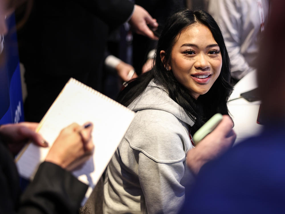 Gymnast Suni Lee speaks during the Team USA Media Summit on Monday. 
