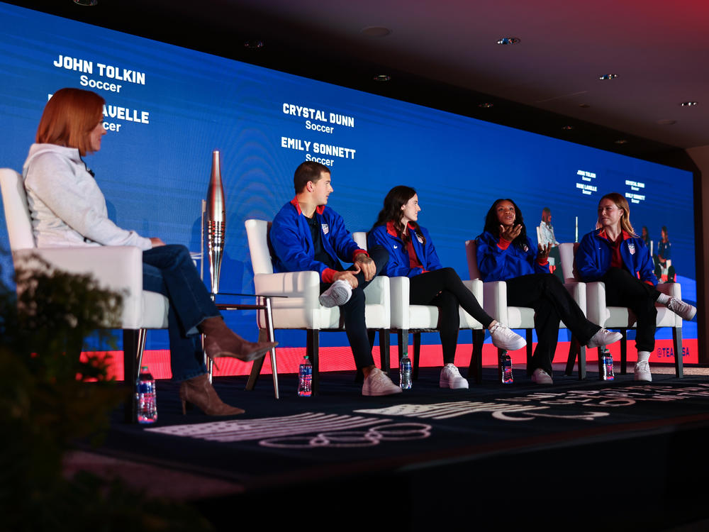 Members of the U.S. Men's and Women's Soccer teams, including (L-R) John Tolkin, Rose Lavelle, Crystal Dunn and Emily Sonnett, discuss their preparation and planning ahead of the Paris Olympics.