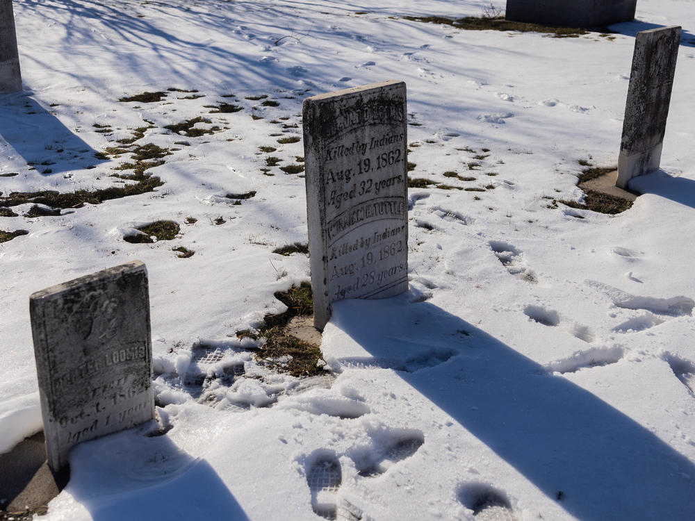 Numerous gravestones from the 1800s within the New Ulm City Cemetery read 