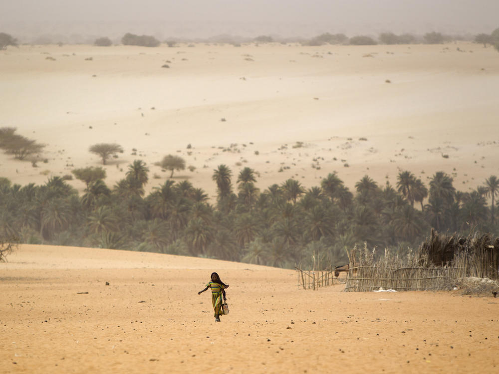 A young girl carries an empty container as she walks across the sands to fill it from a well in Barrah, a desert village in the Sahel belt of Chad.