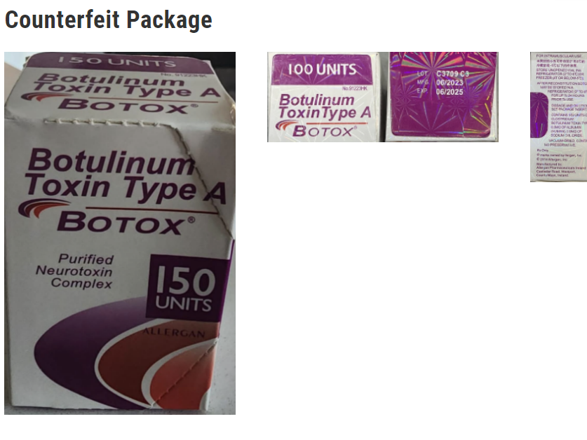 The FDA says counterfeit Botox has giveaways on the vial and package, including this label for 150 units.