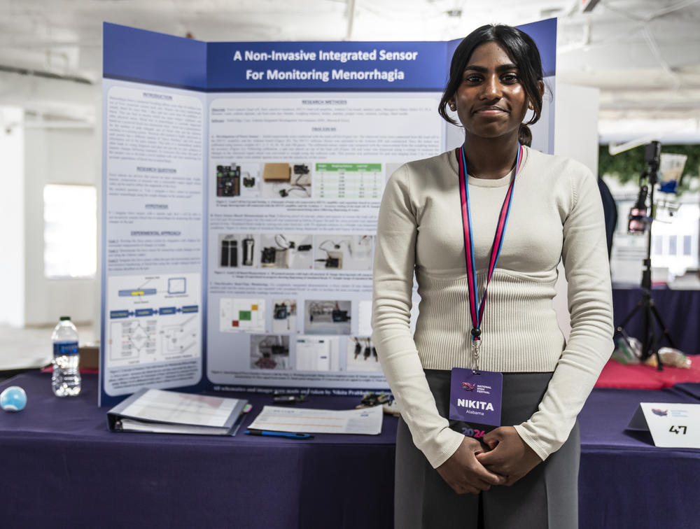 Science challenge-winner Nikita Prabhakar from Madison, Alabama, developed a non-invasive integrated sensor to monitor menorrhagia, a type of abnormal bleeding in a menstrual cycle.
