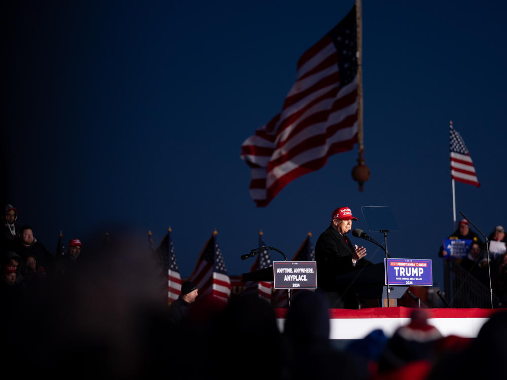 Former President Donald Trump speaks at a rally outside Schnecksville Fire Hall in Schnecksville, Pennsylvania.