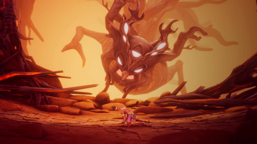 Zau, overwhelmed by one of the game's awe-inspiring, wayward Great Spirits.