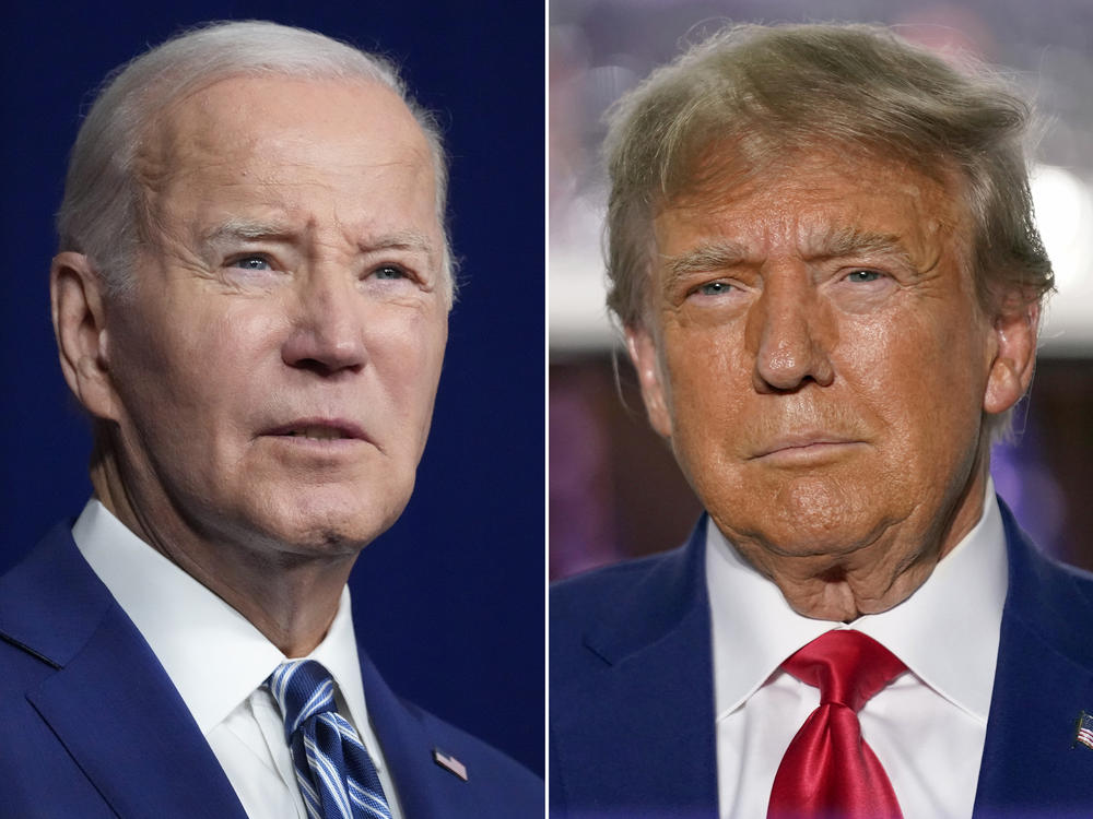 In this combination of file photos, President Joe Biden, left, speaks on Aug. 10, 2023, in Salt Lake City, and former President Donald Trump speaks on June 13, 2023, in Bedminster, N.J.  Biden and Trump have set up a political movie the country has seen before — even if the last version was in black and white.