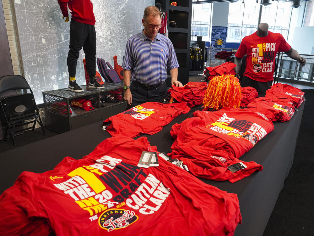 The Indiana Fever team store in Indianapolis displays Caitlin Clark merchandise. Her official jersey has sold out from many online retailers.
