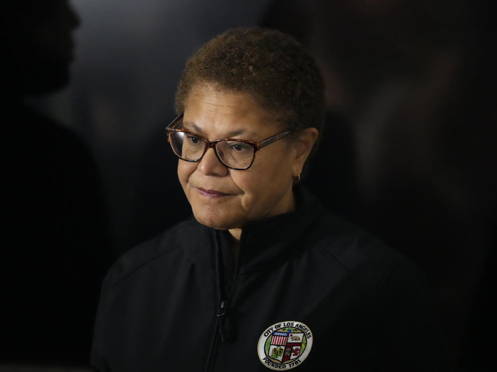 FILE - Los Angeles Mayor Karen Bass waits to speak during a news conference in Los Angeles, Jan. 24, 2023.