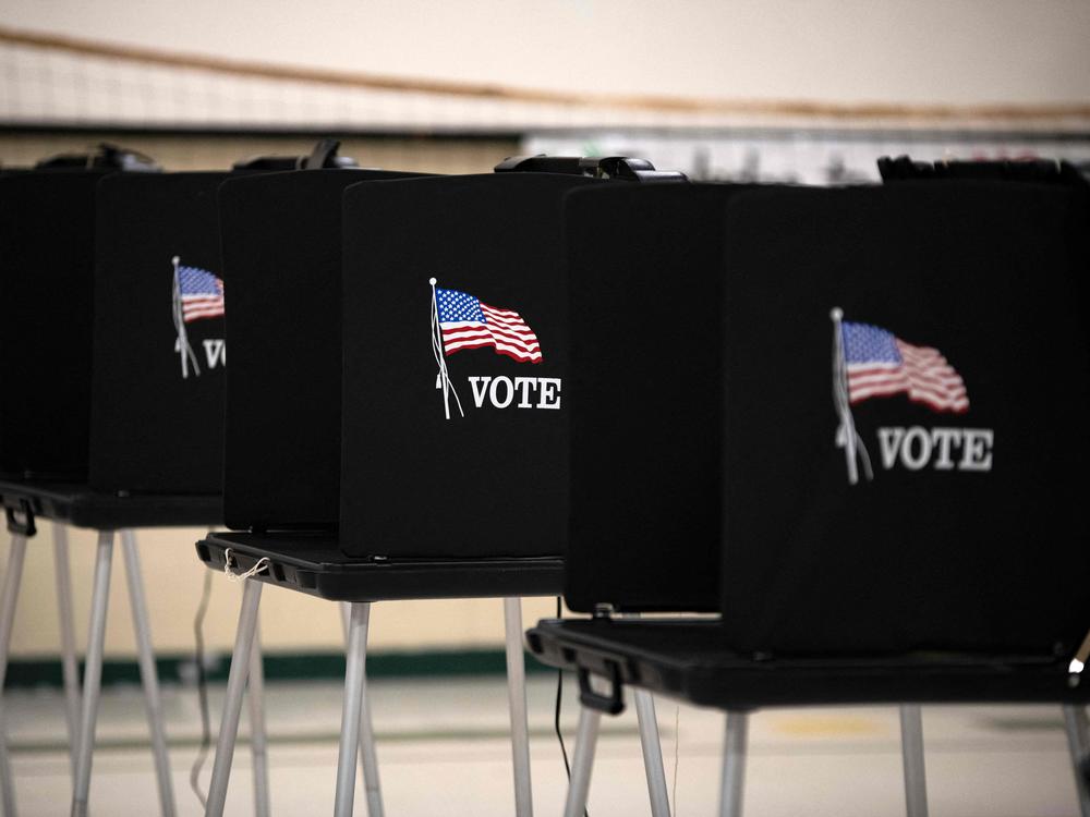 Voting booths are seen at Glass Elementary School's polling station in Eagle Pass, Texas, on November 8, 2022.
