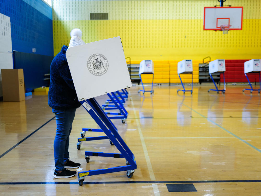 A person votes at a polling station in Manhattan during New York's presidential primary on April 2.