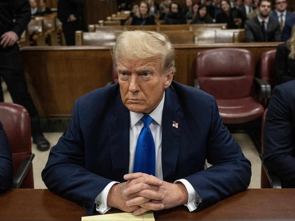 Former U.S. President Donald Trump sits in court for his trial for allegedly covering up hush money payments at Manhattan Criminal Court.