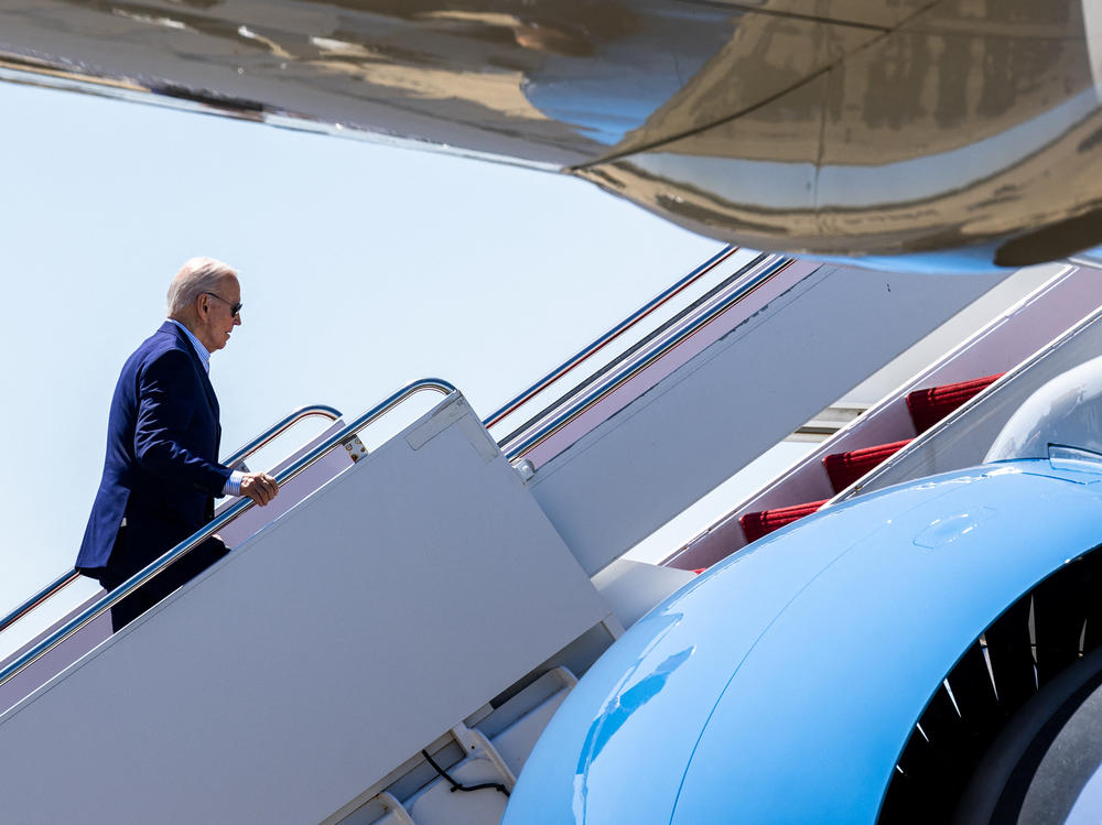 President Biden boards Air Force One in New Castle, Del., on April 22. On Tuesday, he's campaigning in Florida.