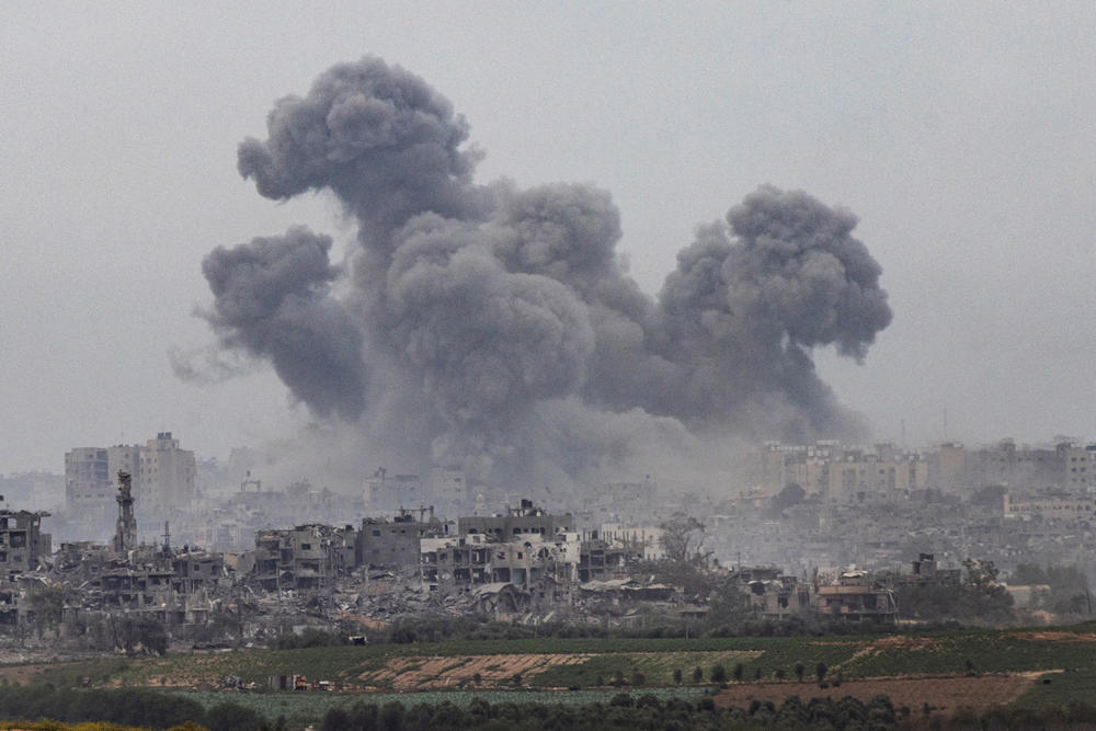 Smoke rises from northern Gaza after an Israeli airstrike is seen from Sderot, Israel, on Oct. 29, 2023.